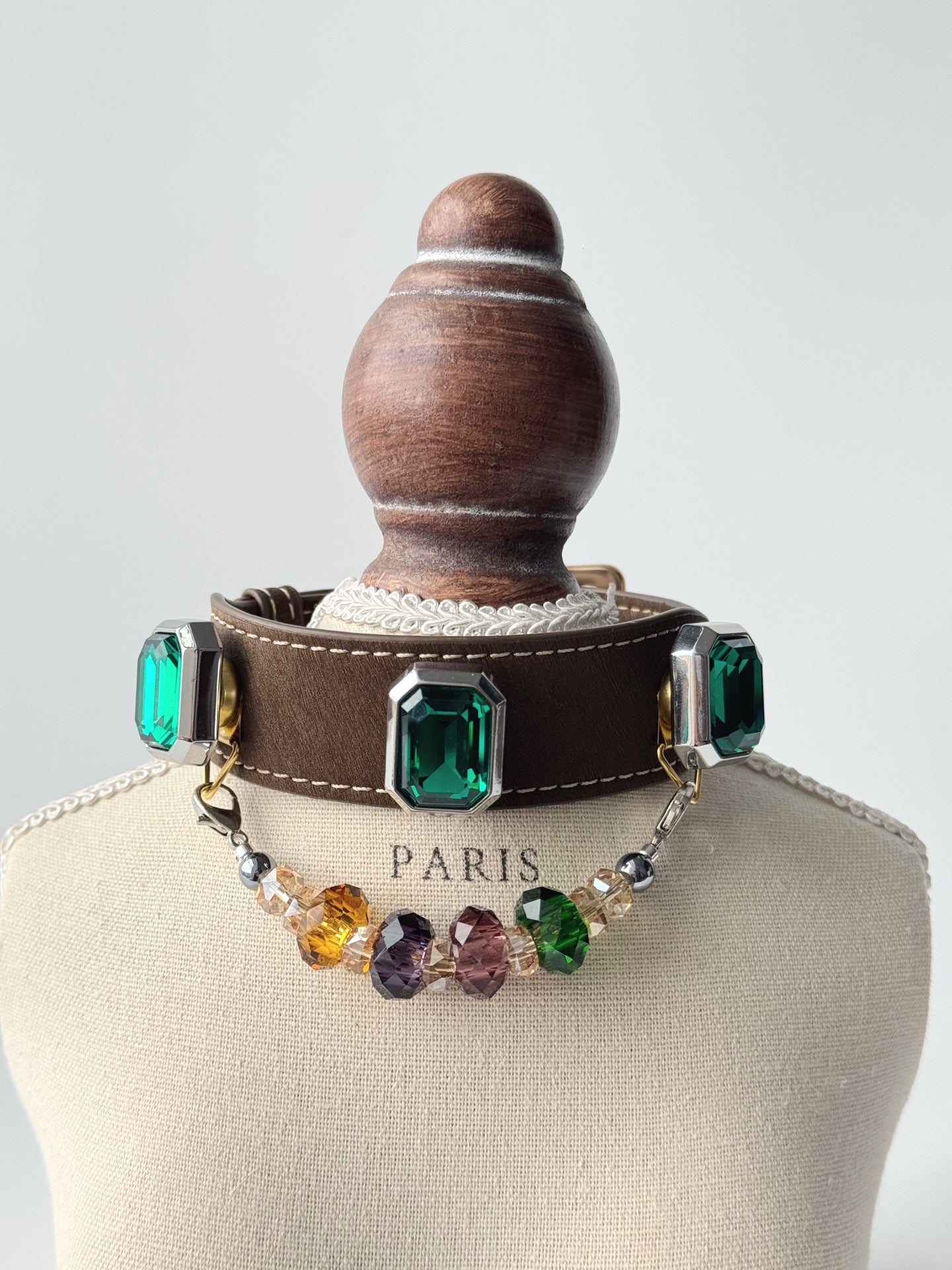 Luxury Emerald Crystal Leather Dog Collar with Beaded Charm