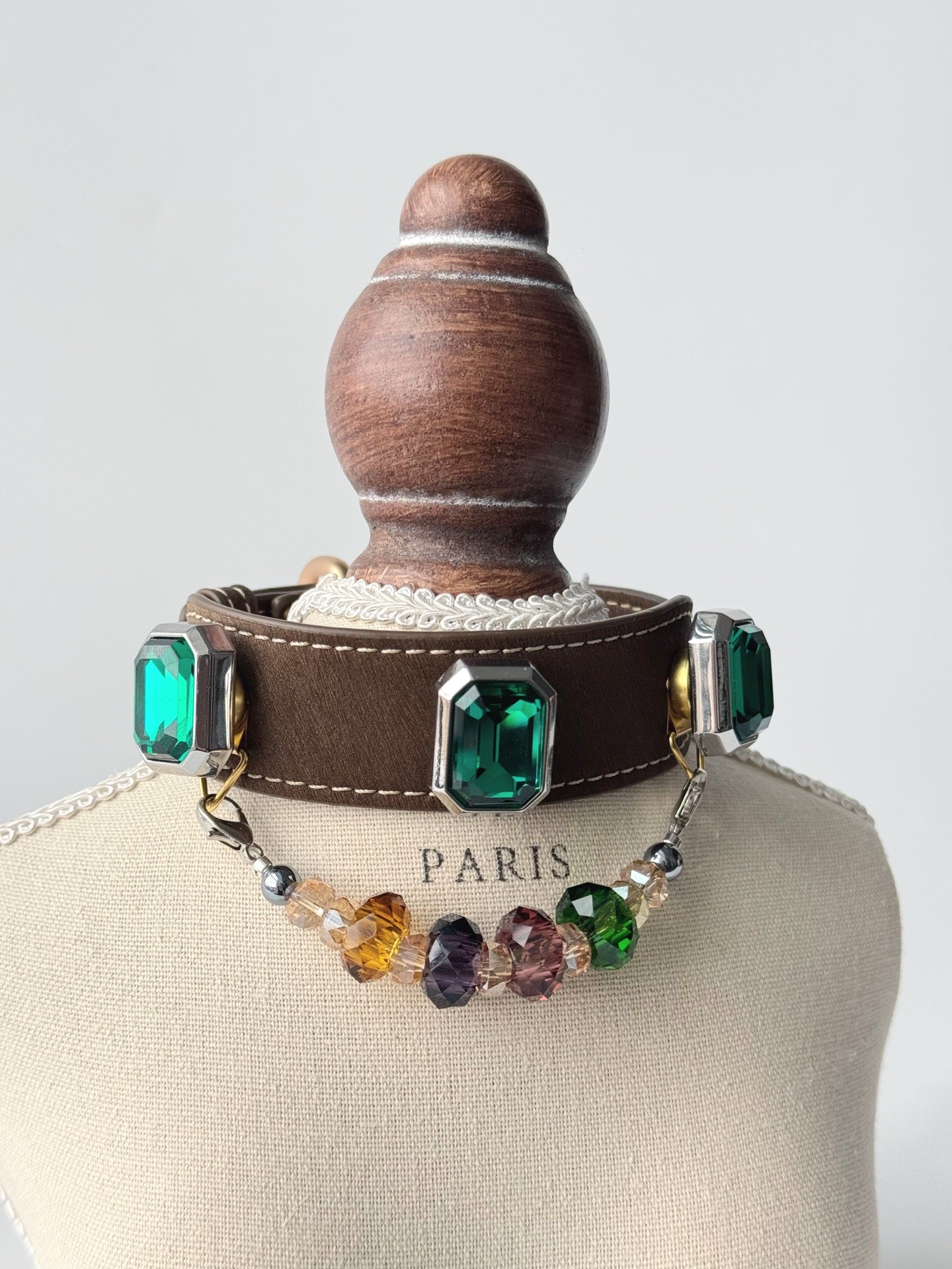 Luxury Emerald Crystal Leather Dog Collar with Beaded Charm