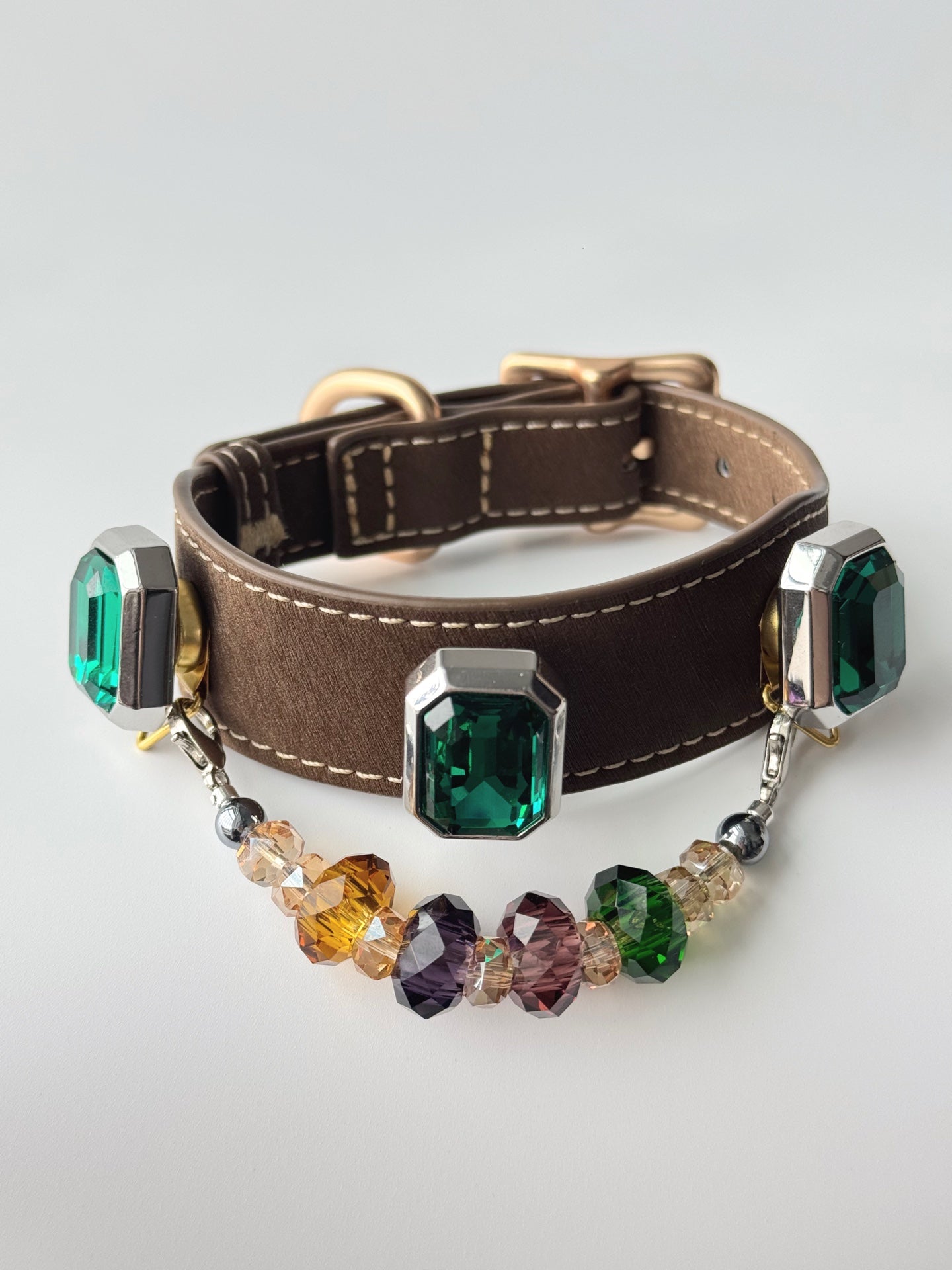 Luxury Emerald Crystal Leather Dog Collar with Beaded Charm