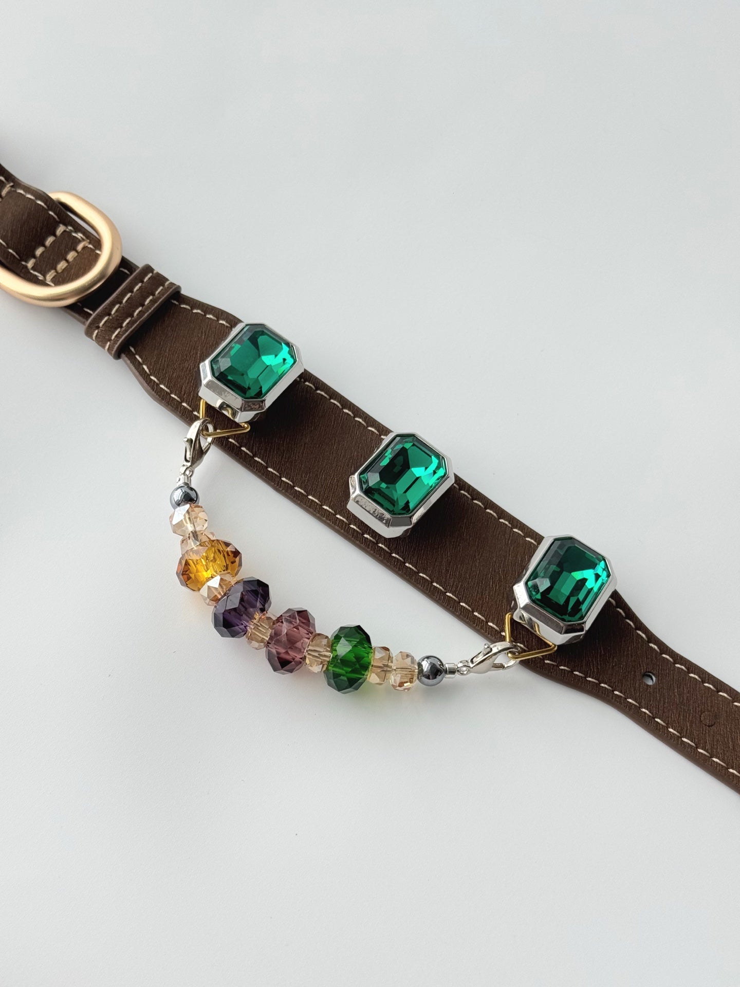 Luxury Emerald Crystal Leather Dog Collar with Beaded Charm