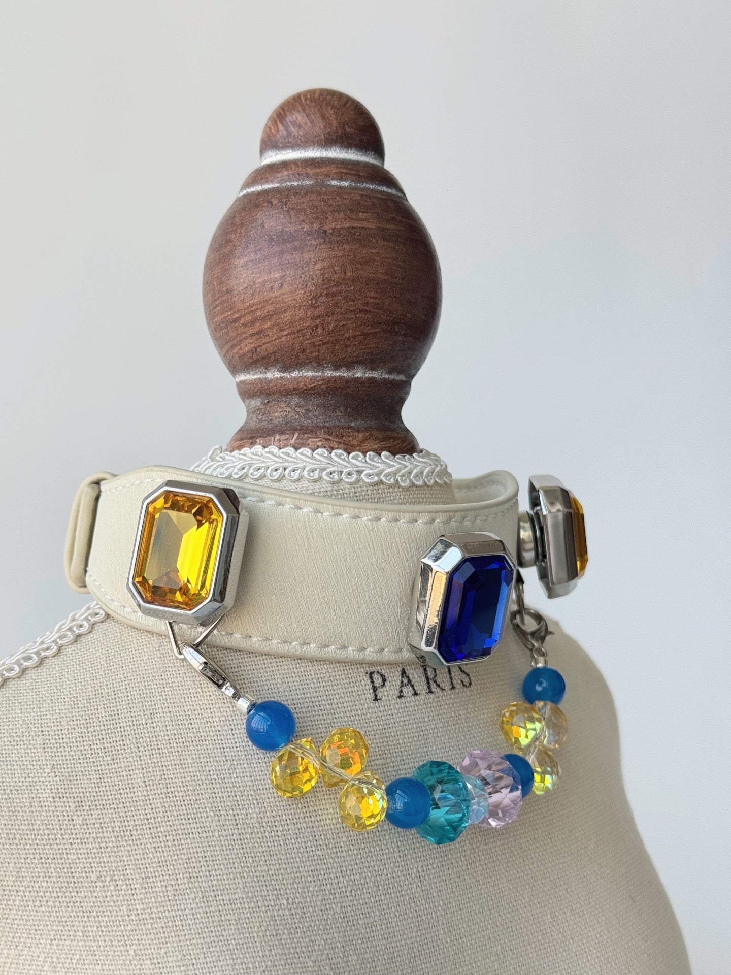 Luxury Sapphire & Golden Crystal Leather Dog Collar with Beaded Charm