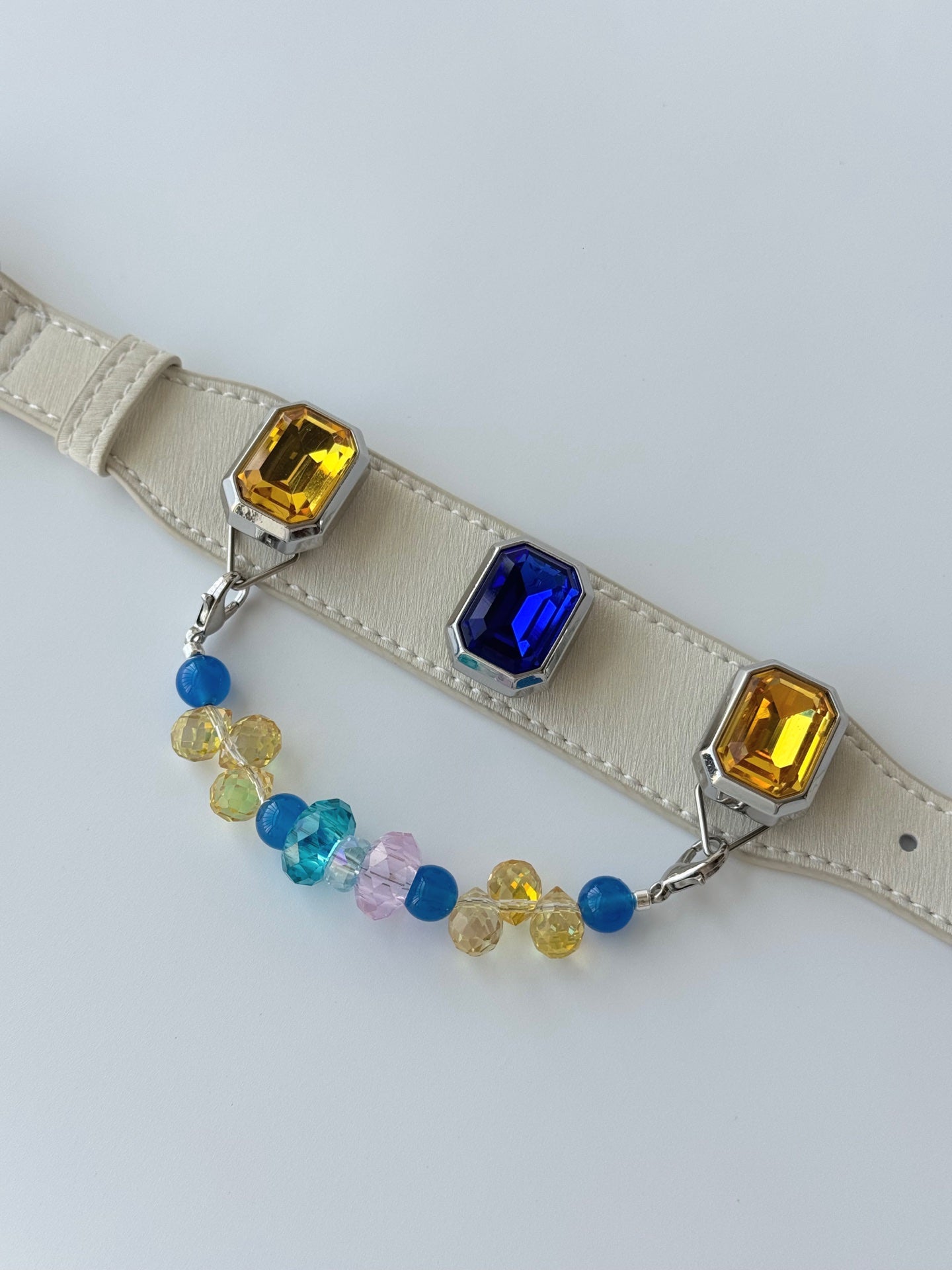 Luxury Sapphire & Golden Crystal Leather Dog Collar with Beaded Charm
