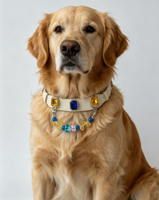 Luxury Sapphire & Golden Crystal Leather Dog Collar with Beaded Charm