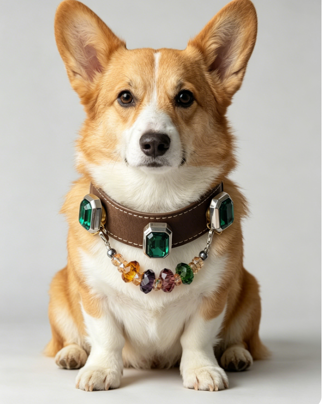 Luxury Emerald Crystal Leather Dog Collar with Beaded Charm