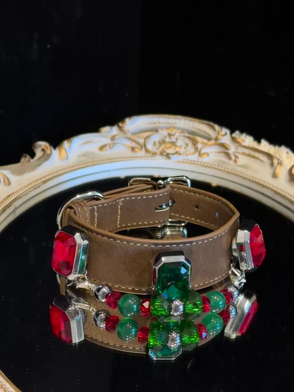 Luxury Emerald Crystal Leather Dog Collar with Beaded Charm